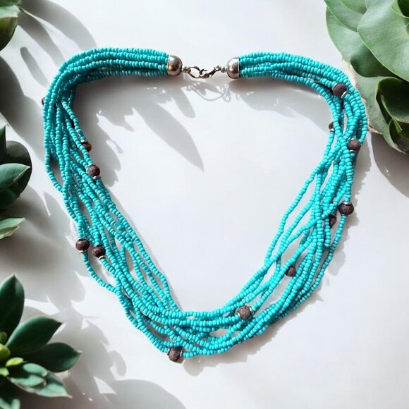Vintage Turquoise Seed Bead Multi Strand Necklace - Picture 1 of 7